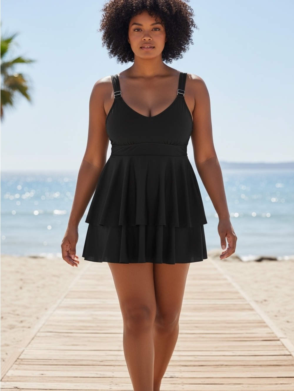 Upstream Black Swim Dress One Piece Swimsuit Size 18 Tummy Control Tiered Skirt